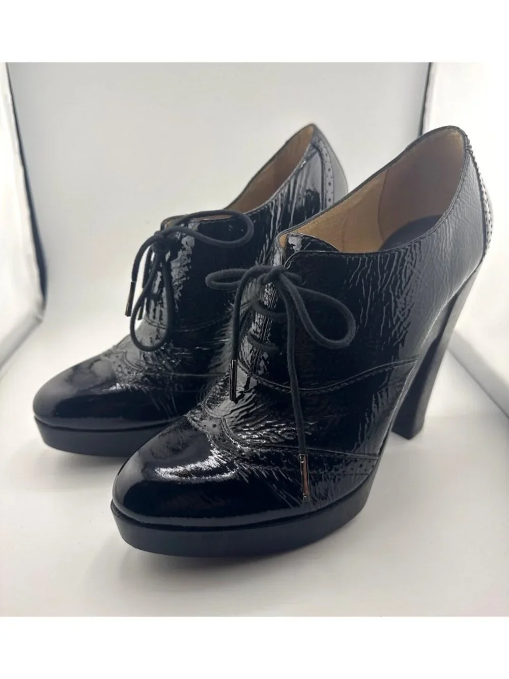 Michael Kors Panama Oxford Heels 8.5M Black Patent Leather Platform Office Siren